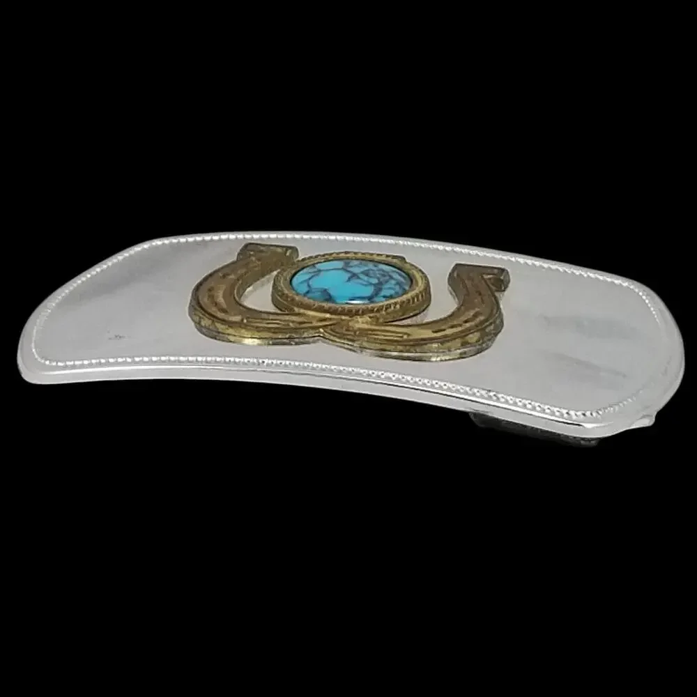Steel Belt Buckle – Gold Color Horseshoe with Turquoise Stone‎ Western USA Made
